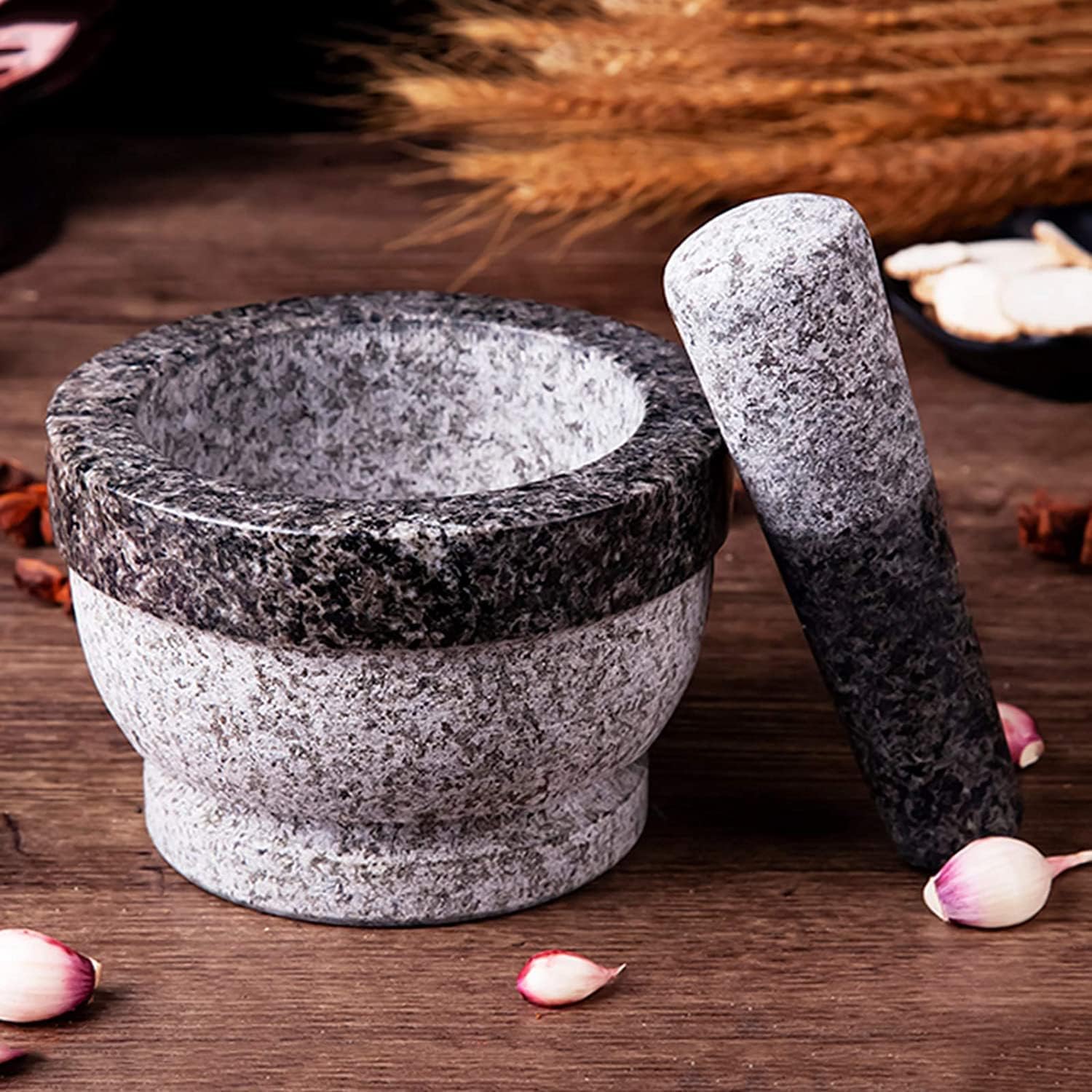 Juego de mortero y maja, Juego de mortero y maja de granito de 6 pulgadas y 2 tazas, molinillo de especias, tazón for guacamole, triturador de pastillas