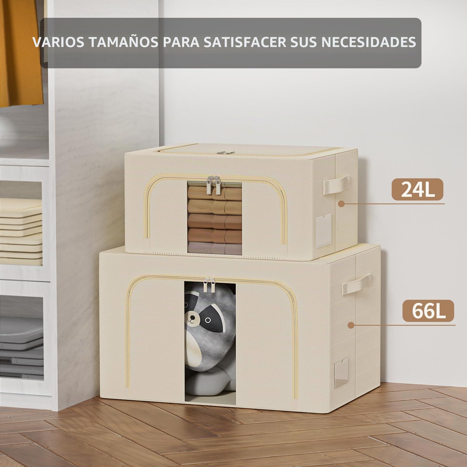 GoMaihe 3 Piezas Cajas Almacenaje Ropa - Material de tela Oxford Bolsas Para Guardar Ropa Plegable con Asa Reforzada y Ventanas Transparentes Adecuado para el almacenamiento diario de ropa (24L Beige)
