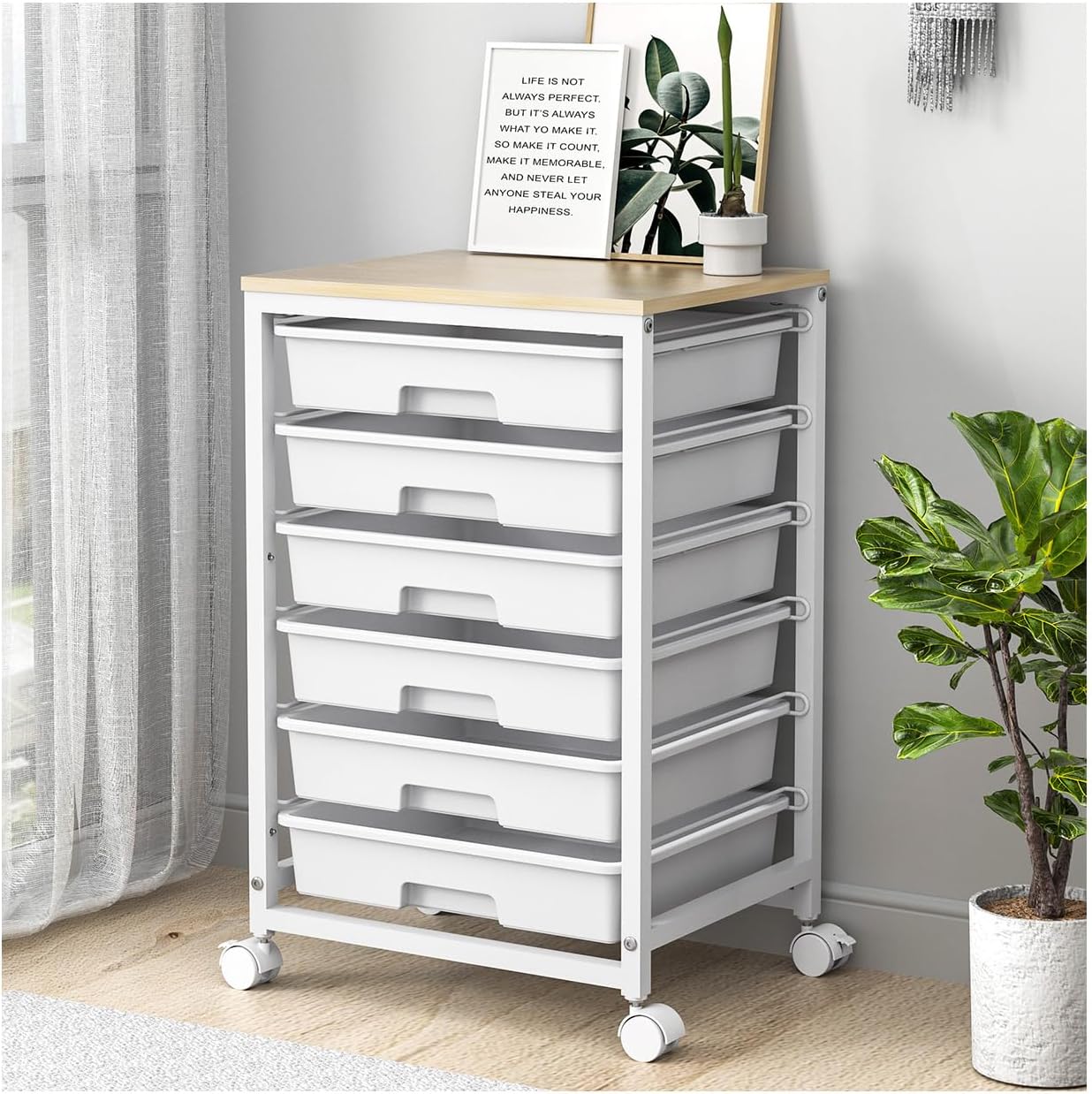 Rolling Cart with Drawers,Utility Cart with 6 Drawers,Rolling Storage Cart with Drawers and Wooden Tabletop & Lockable Wheel,White