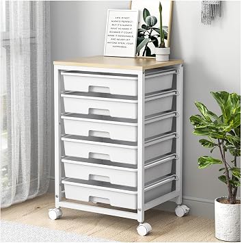 SYKIARIOL Rolling Cart with Drawers,Utility Cart with 6 Drawers,Rolling Storage Cart with Drawers and Wooden Tabletop & Lockable Wheel,White