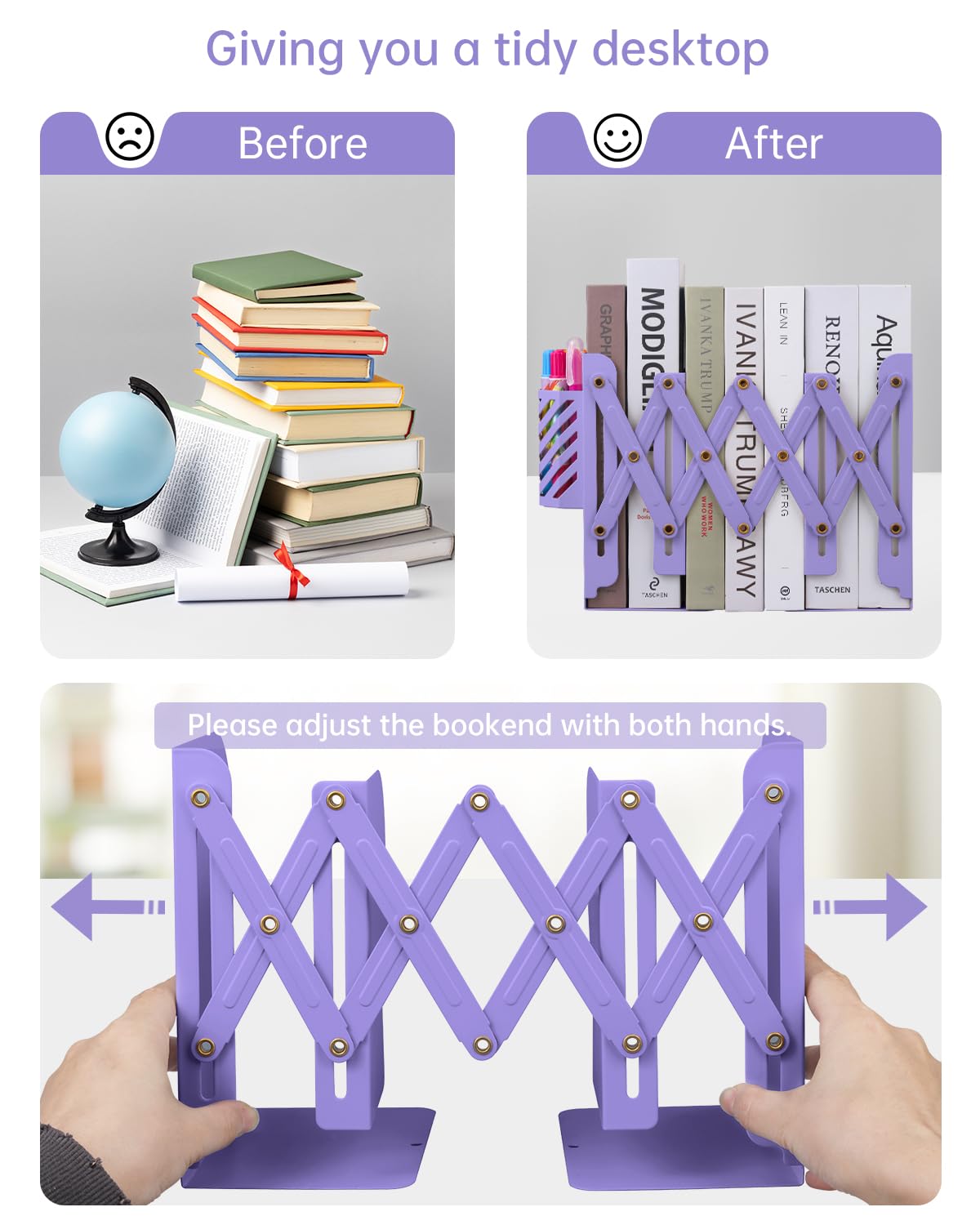 Honagu Sujetalibros ajustables, metal, morado (19 pulgadas, organizador personalizable para el hogar, oficina, escuela, libros, papeles, se extiende hasta 19 pulgadas, soporte para bolígrafos