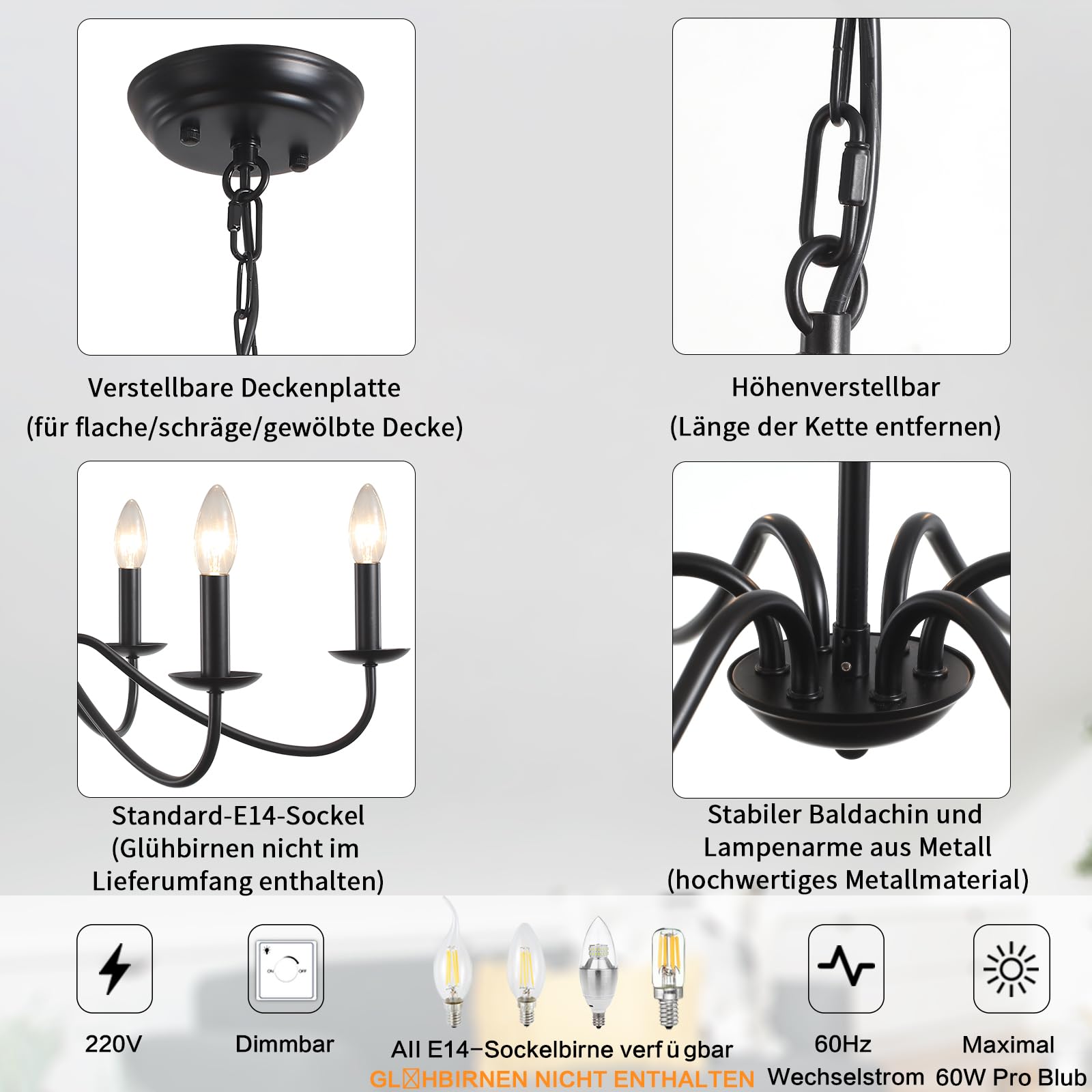 Schwarze Kronleuchter Deckenleuchten Wohnzimmer, 6 Leuchten Pendelleuchte Fitting Industrielle Deckenbeleuchtung für Küche Esszimmer Schlafzimmer Flur, Höhenverstellbar