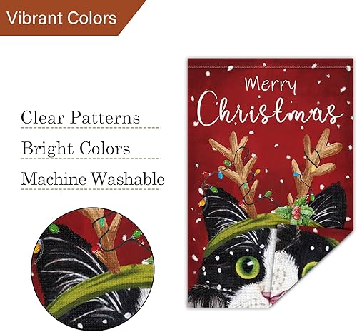 Miniatura 5 de Louise Maelys Bandera de jardín de Feliz Navidad de 12 x 18 pulgadas, de arpillera, invierno, Navidad, gato negro, banderas de jardín para Navidad,