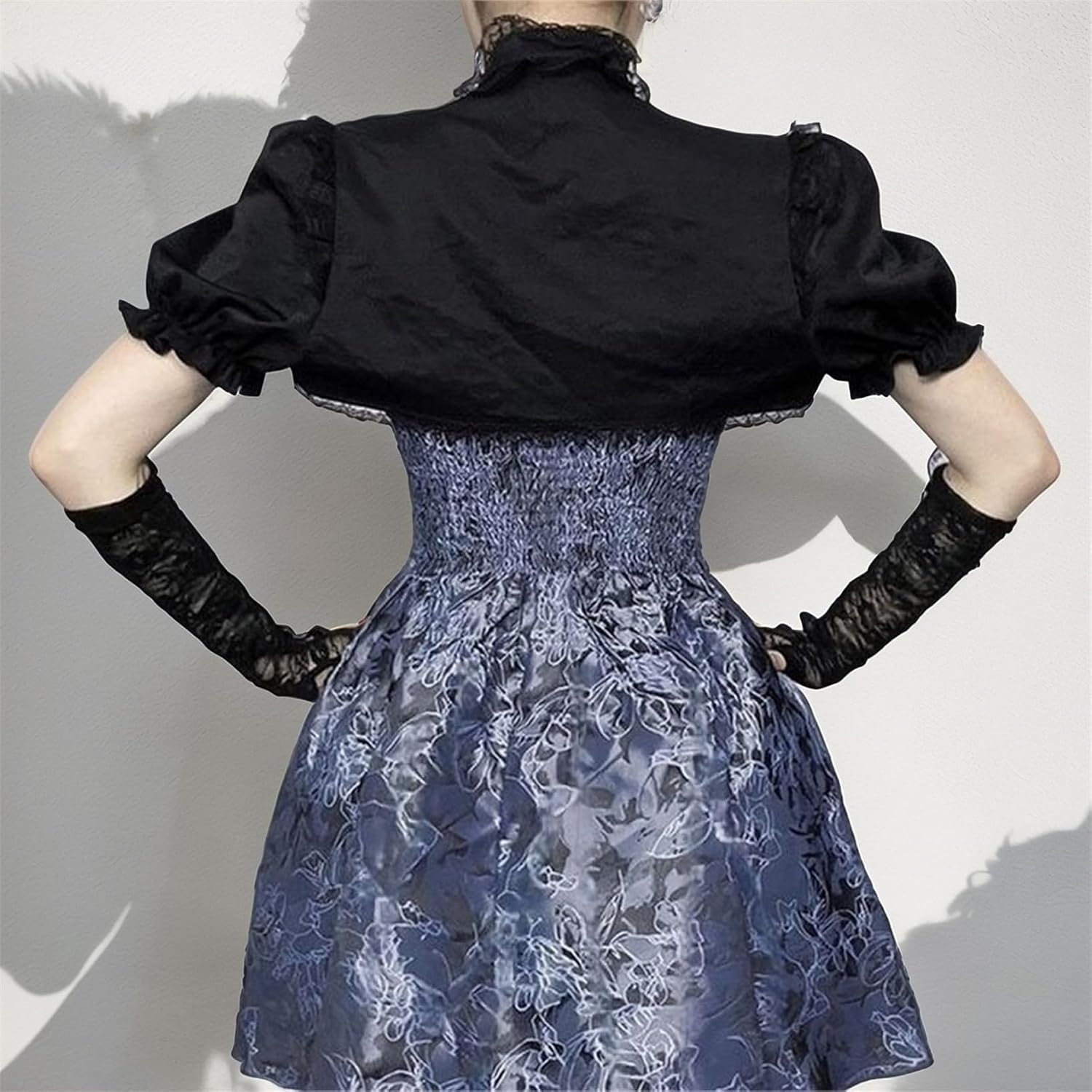 HeiBai Xiong Women Trad Goth Puff Short Sleeve Crop Shrug Top - Mock Neck Lace Trim Emo Bolero for Bridal, Formal Dresses