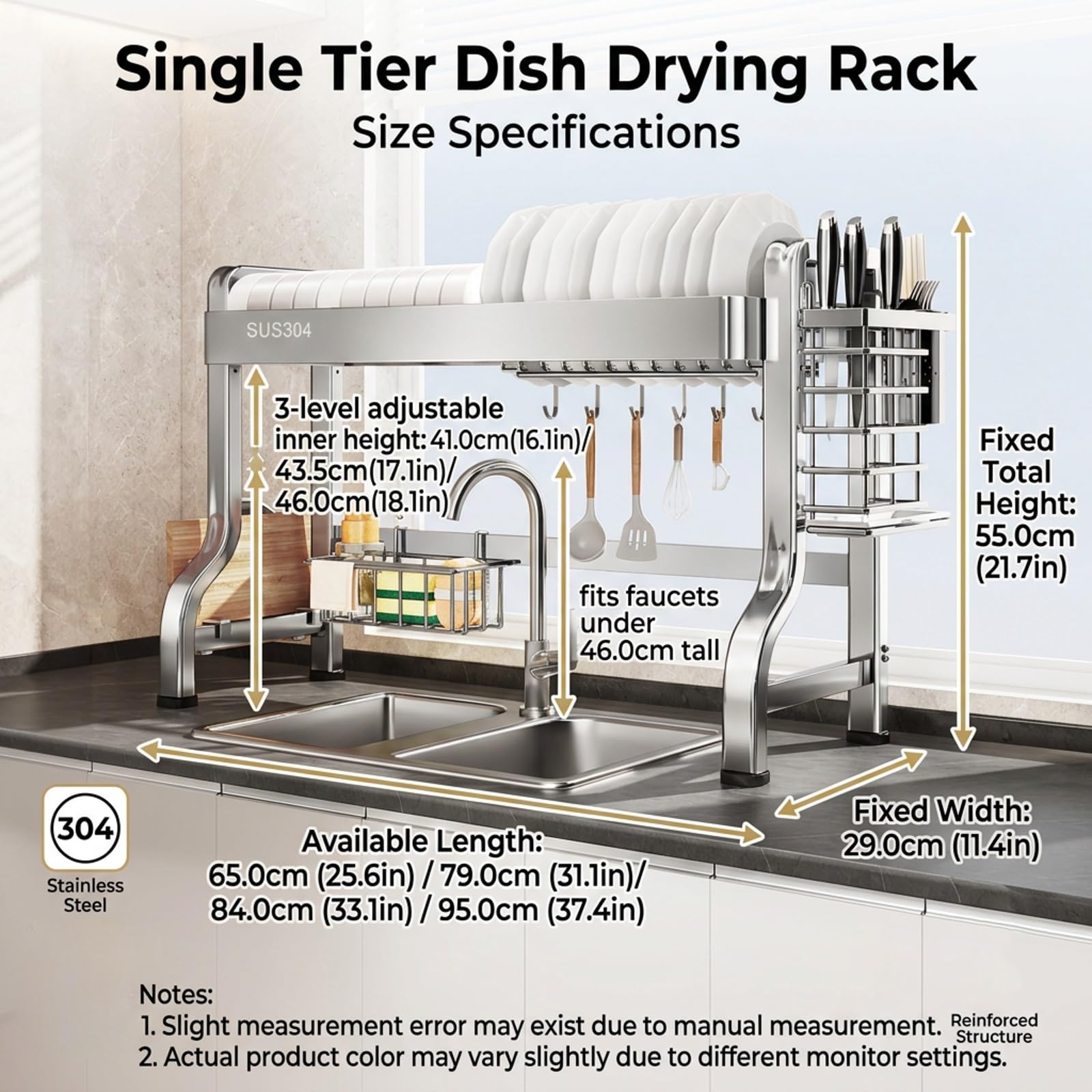 Escurridor de 2 Pisos,Escurreplatos sobre Fregadero | Ahorra Espacio,Acero Inoxidable,con Soporte para Platos,Cubiertos y Vasos(79*29*55cm)