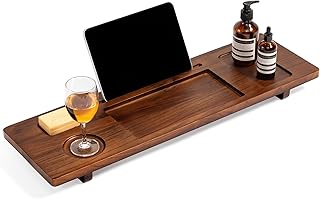 Teak Bathtub Tray for Freestanding Baths - 29" Adjustable Spa Caddy | Compact, Thick & Stable Design | Anti-Tip with Accessories Holder | Rich Walnut Brown Finish