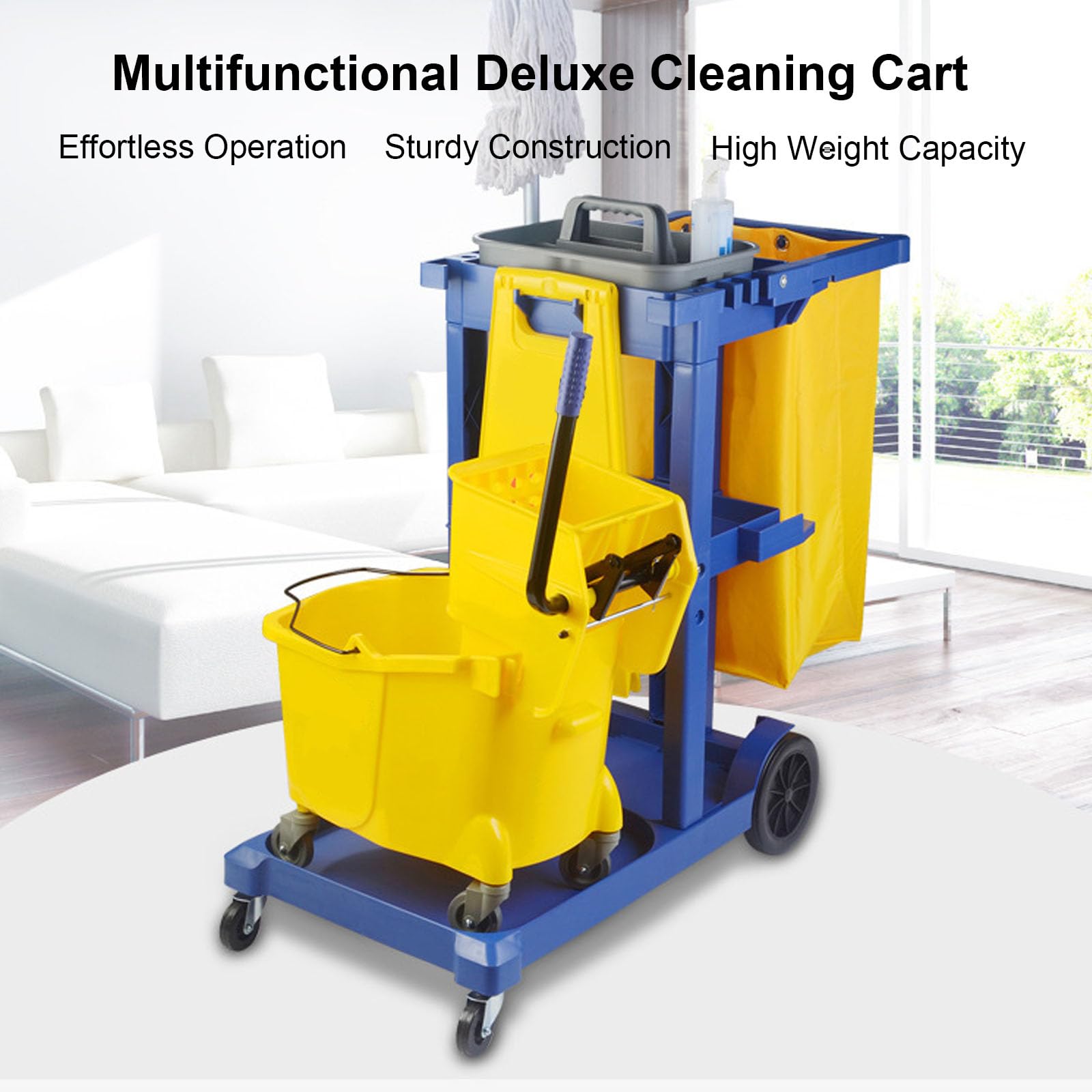 Carrito de limpieza de 3 estantes con ruedas silenciosas y bolsa de gran capacidad para hotel, oficina, hospital, uso comercial