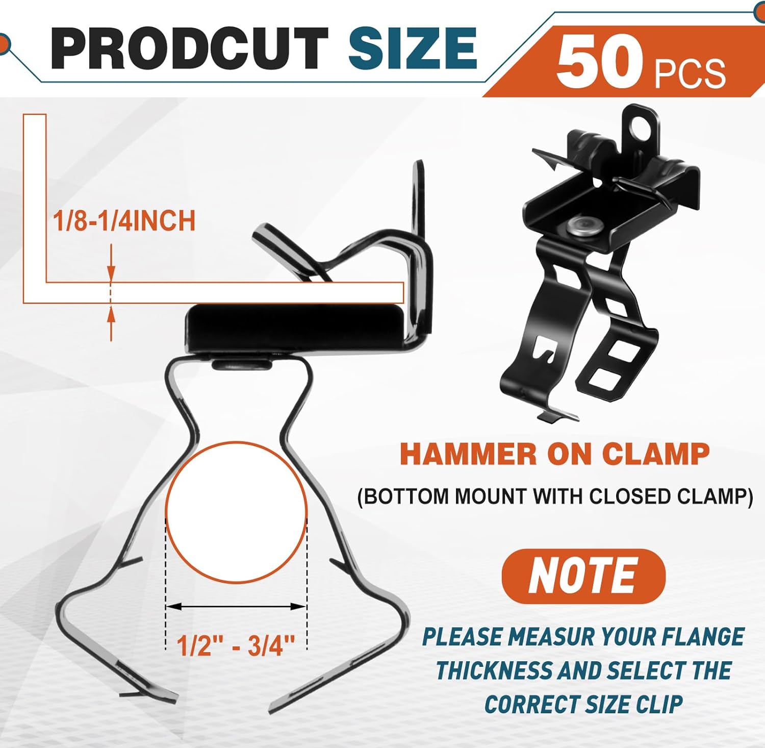 Hicarer 50 Pcs Hammer-on Flange Clip Bottom Mount 1/8-1/4 Inch Beam Clamp 1/2" - 3/4" Conduit Clip for Flanges Spring Steel