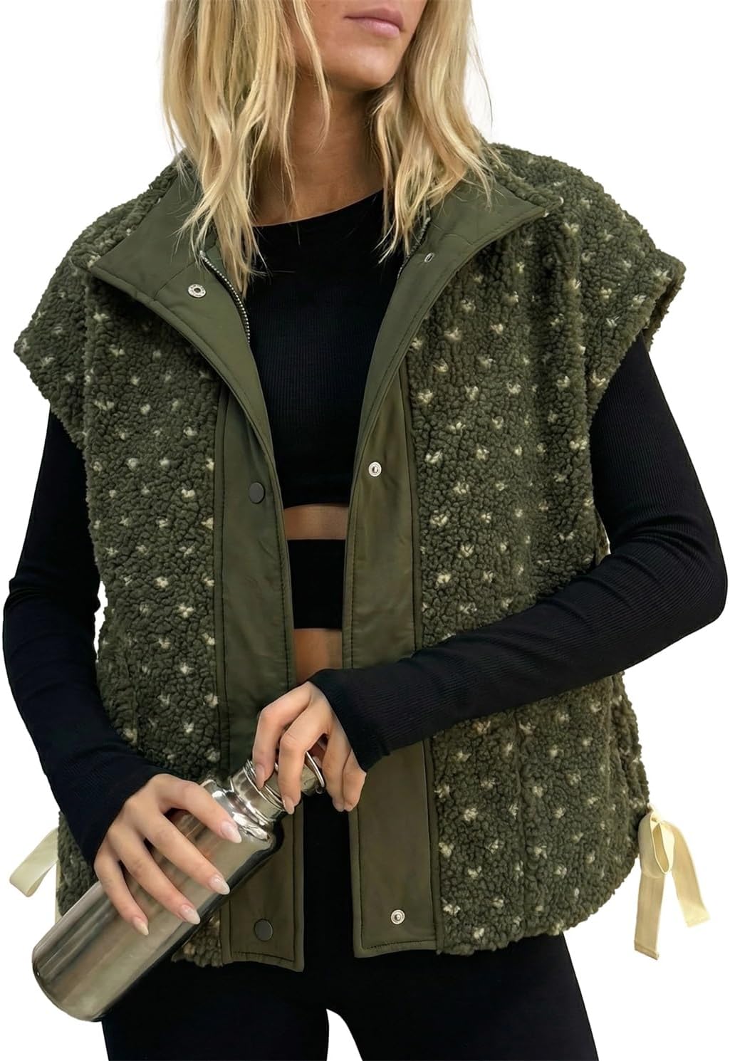 Womens Sherpa Vest Polka Dot Fleece Vests Button Up Cap Sleeve Coats Casual Oversized Warm Winter Outwear