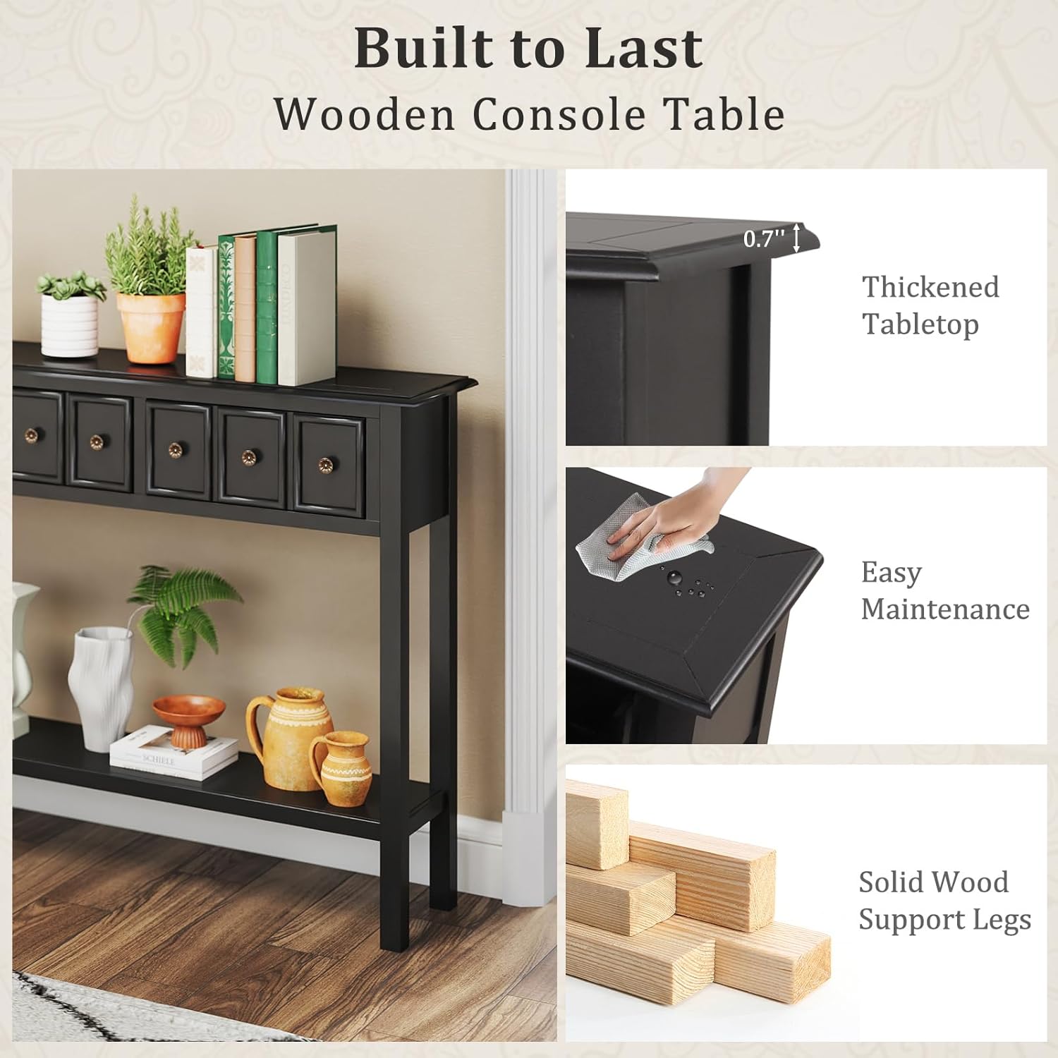 Giantex 60" Entryway Table, Long Narrow Console Table with 4 Drawers and Open Storage Shelf, Modern Slim Entry Tables, Farmhouse Wooden Sofa Tables with Anti-Tip Kit for Living Room, Hallway (Black)