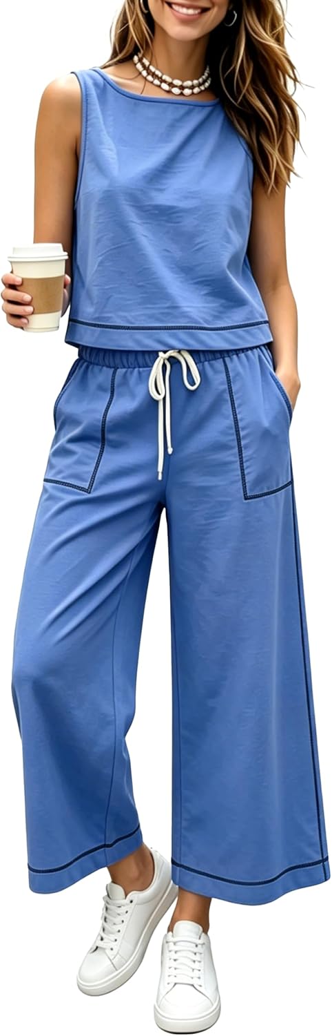 Women's Two Piece Summer Outfits Boat Neck Sleeveless Top Wide Leg Drawstring Pants Lounge Travel Sets