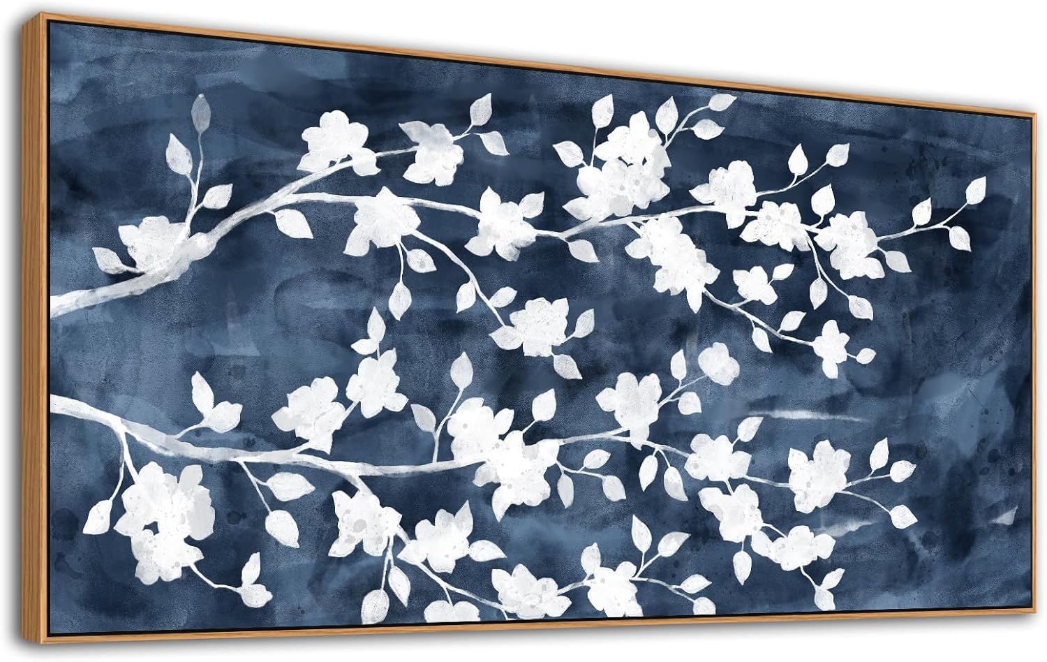 NINEASO Abstract Flowers Framed Wall Art - Gray White Tree Floral Branches Canvas Pictures Wall Decor White Blossom Deep Indigo Blue Background Painting Artwork for Home Office Decor 20 X 40 Natural