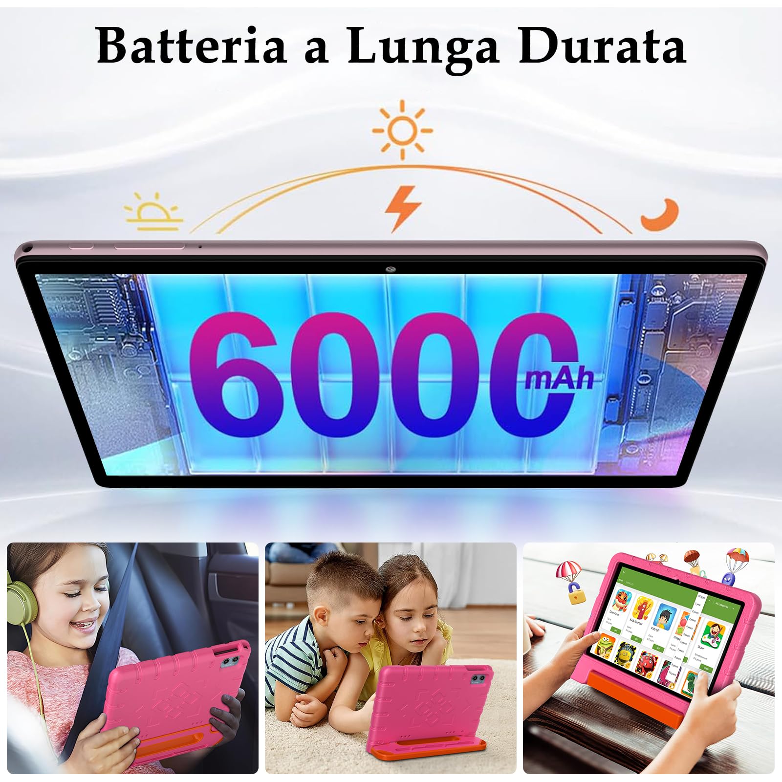 ZIOVO Tablet Bambini Android 14 Tablet 10 Pollici, 20GB RAM+128GB ROM(TF 1TB),WiFi 6 Tablets, Widevine L1/Octa-Core/BT 5.0/8+5 MP/6000mAh/Tablet per Bambini,Tablets con EVA Caso - Rosa