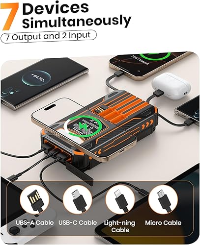 Miniatura 2 de SOARAISE Cargador solar - Cargador portátil inalámbrico de 48000 mAh, 4 cables y 4 paneles solares, PD QC 3.0 de carga rápida USB C batería con