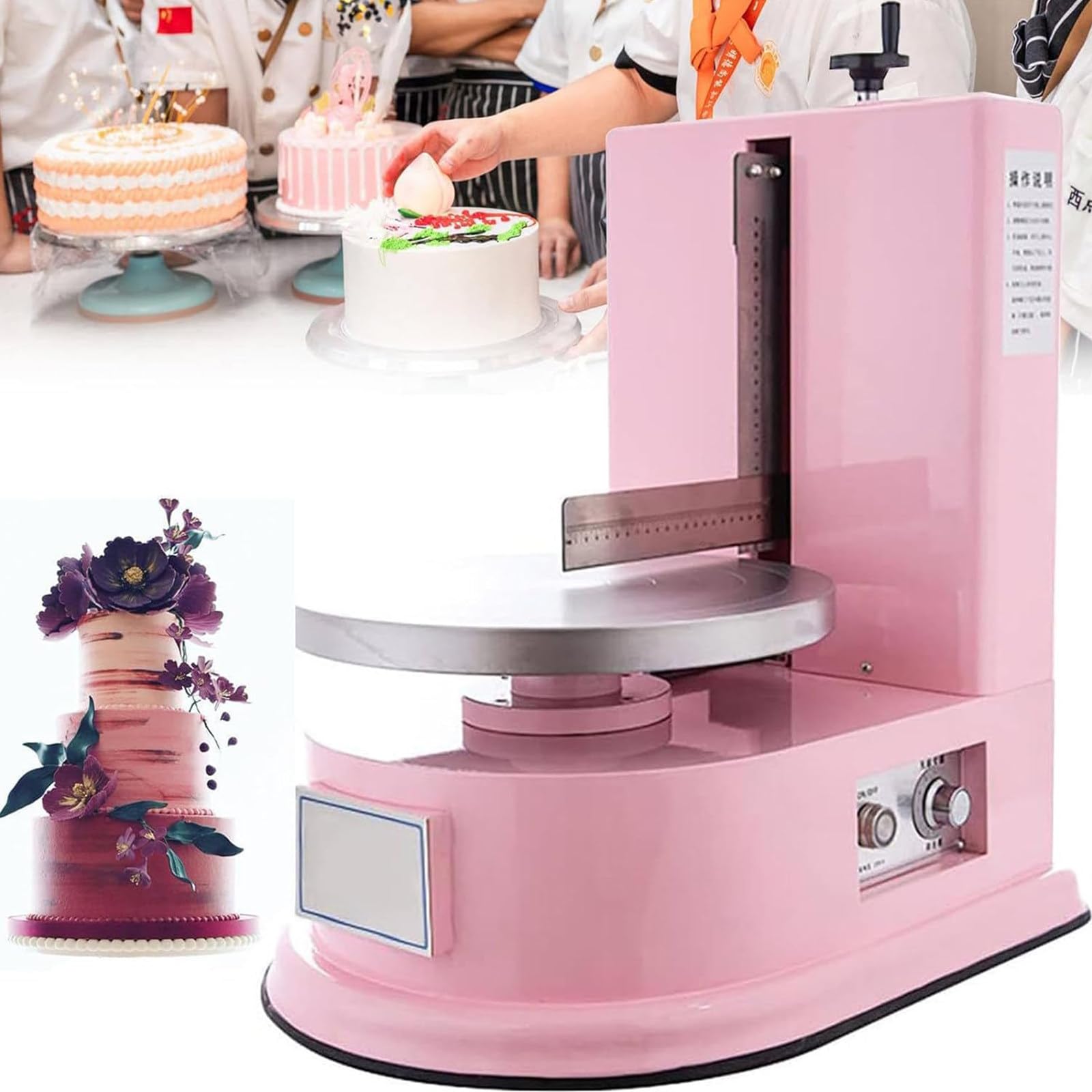 Raspador Pasteles Ajustable automático, Herramienta decoración Alisar Utensilios Hornear, Crema para Pasteles cumpleaños, máquina para Alisar el esparcidor decoración Crema,Pink-110v
