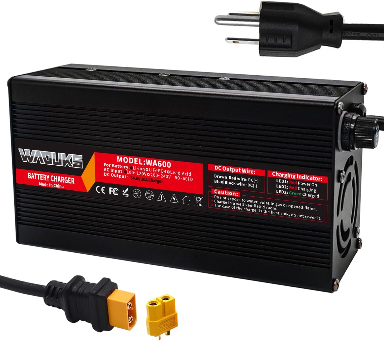 54.6V 10A Li-ion Battery Smart Charger with Output XT60 Male Connector with Cooling Fan Safe and Stable Used for 13S 48V Lithium Lipo Battery Pack Fast Charger