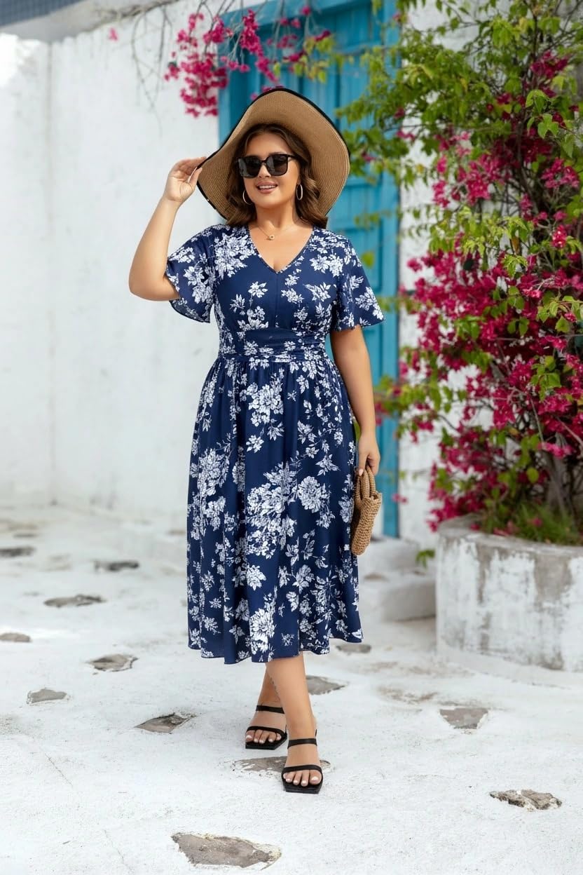 Women's Plus Size Summer V Neck Long Dresses Short Sleeve A Line Ruffle High Waist Flowy Casual Dress - Image 5