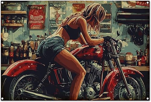 Póster de pared de diseño vintage original, una bonita chica fijando motocicletas, divertida decoración de pared retro clásica, decoración de pared
