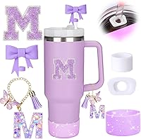 MOTEERLLU 6pcs Purple Stanley Cup Accessories Set: Bow Straw Cover, Topper, Spill-Proof Stopper, Sparkly Boot, Charm & Initials Sticker for 30/40oz