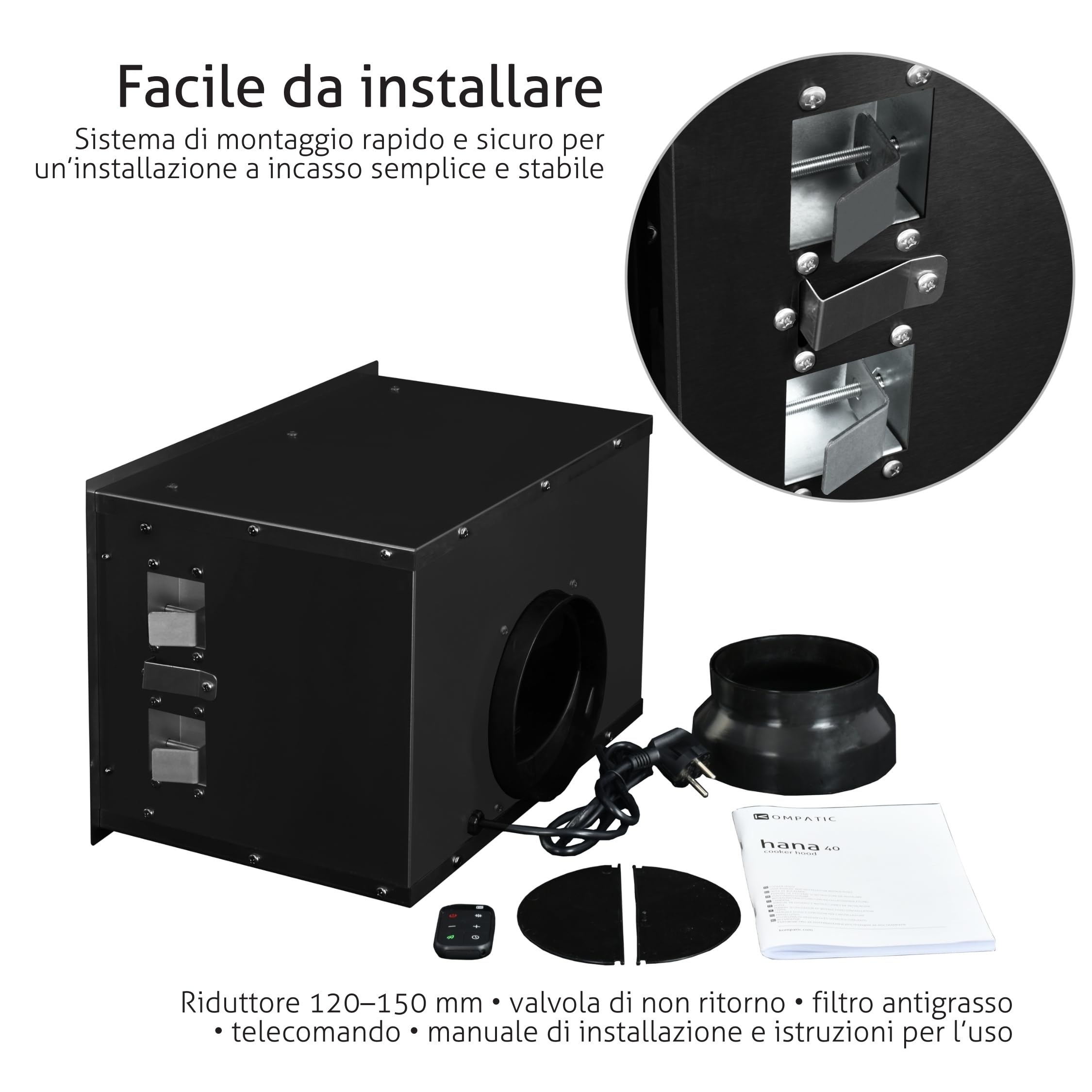 HANA 40 KPHN40BIB Cappa aspirante Incasso, A++, 40 cm, Controllo gestuale, Touch, Telecomando, Modalità purificazione aria, 450 m³/h, LED dimmerabile, Regolazione temperatura colore, Nero