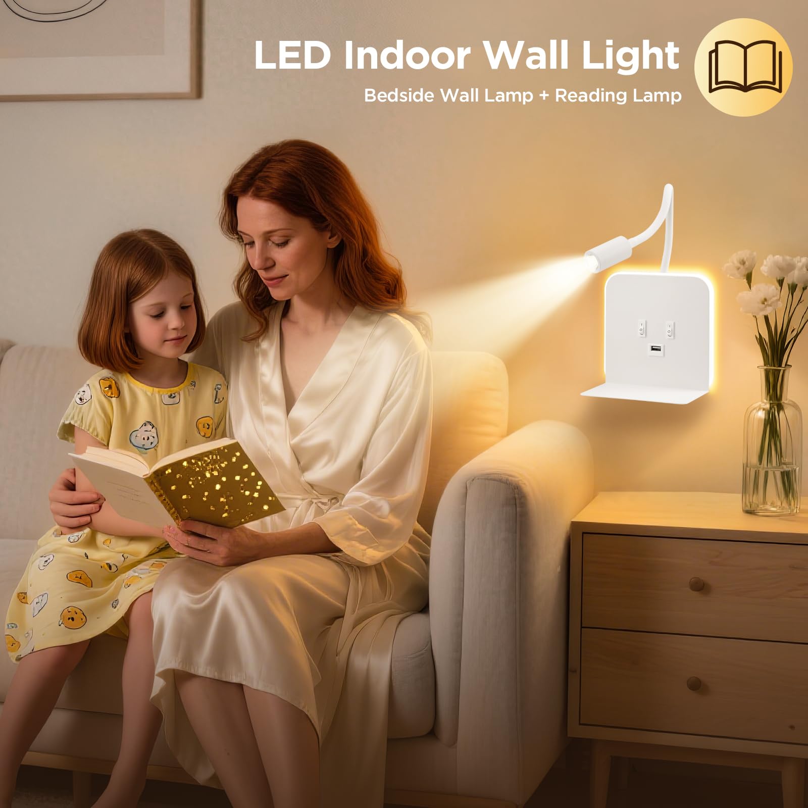 2pcs Lampada da Parete a LED, Lampada da Comodino a Collo di Cigno, Lampada da Lettura Regolabile da Comodino, Luce da Lettura 3 in 1 con Porta di Ricarica USB, Supporto per Cellulare(Bianco)