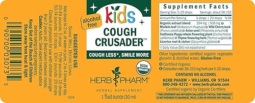 Miniatura 2 de Herb Pharm Fórmula herbaria líquida para la tos cruzada sin alcohol con certificación orgánica para niños, cereza silvestre, 1 onza líquida