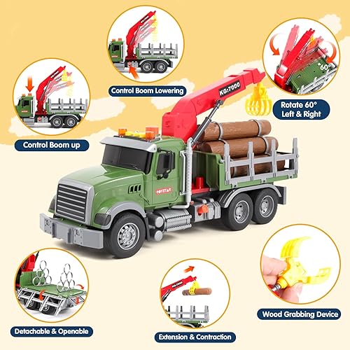 Miniatura 4 de Olbyefly Camiones para niños de 3 a 5 años, camión de madera grande de 15 pulgadas con grúa de carga y 6 maleteros, juguetes de camión para niños