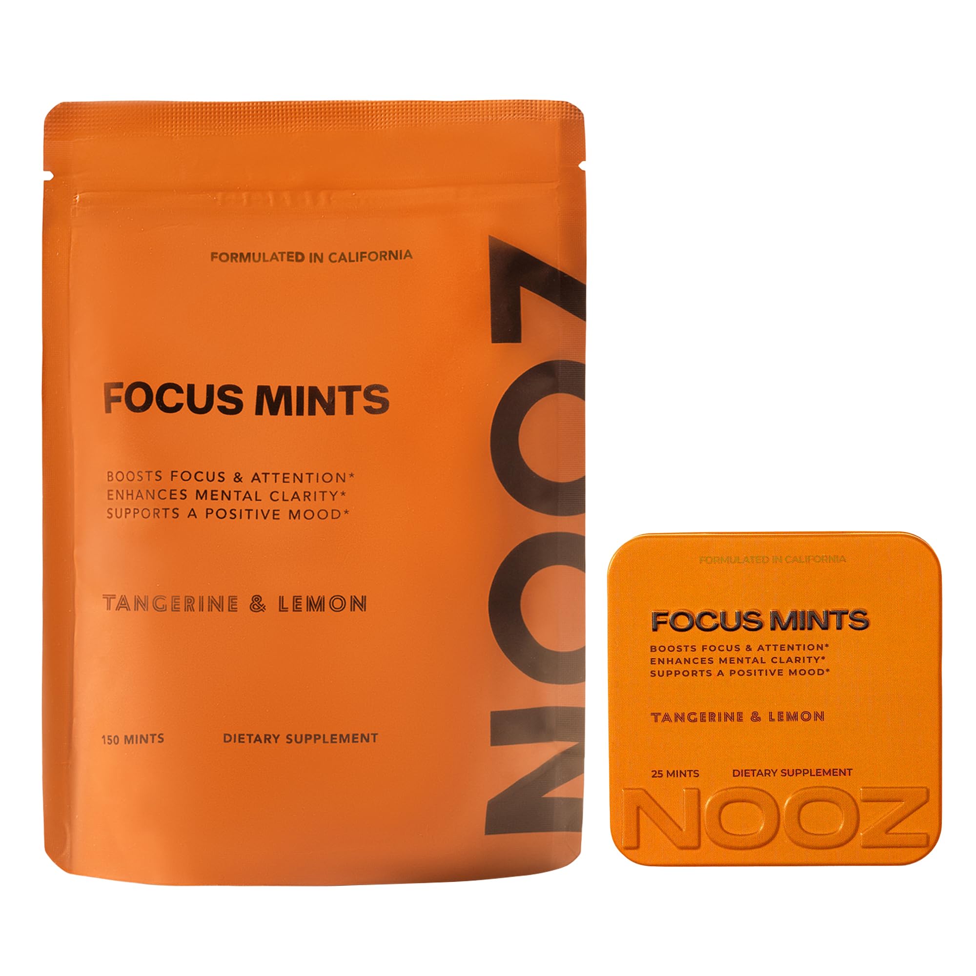 ( best by date 5/2026) NOOZ Focus Mints Refill Bag - Caffeine-Free Brain Booster for Mental Clarity-Tangerine & Lemon Flavor | Sugar-Free, Travel-Friendly Supplement with Vitamin C, B6, B12 - Non-GMO, Clean Label, 150 Mints