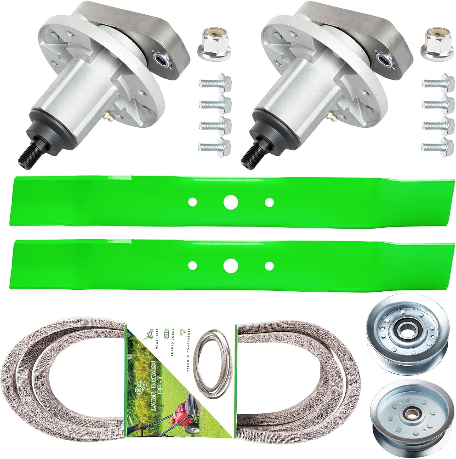 Deck Rebuild Kit Fit for 42" Deck， Compatible with John De ere Sa BRE Scotts L100 L110 L118 L111 L108 L105 L107, Include 2 Spindle GY20050, 2 Blade GX20433, 1 B ELT GX20072, 2 Idler GY20067 GY22082