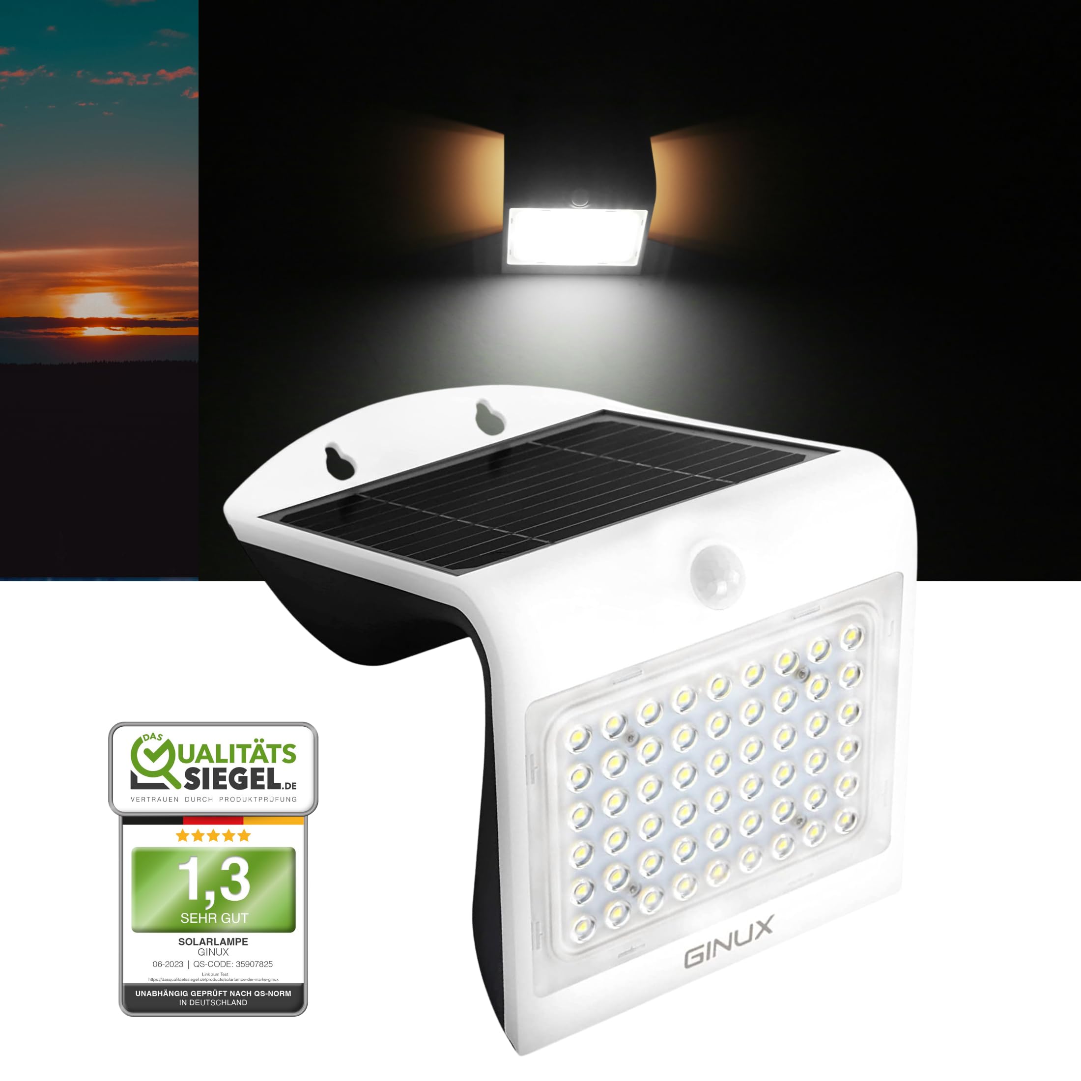 GINUX® Solarlampen für außen mit Bewegungsmelder - Solar Wandleuchte aussen mit Superhellen LEDs und PIR-Sensor, Solar LED Strahler für Wand und Garten (40W-Weiss)