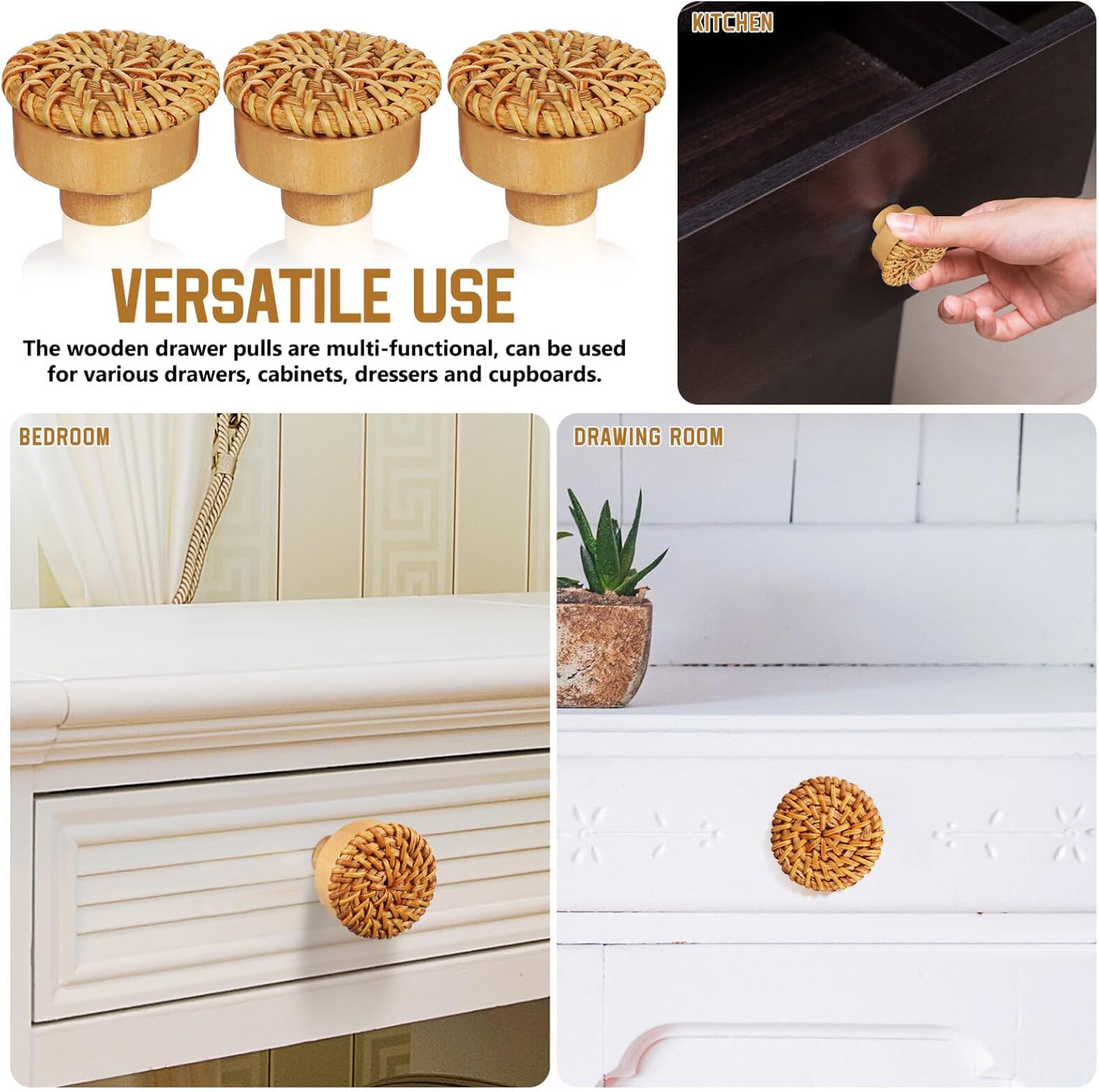Gadpiparty 8 Pcs Rattan Drawer Knobs, 1.57 Inch Boho Cabinet Handles, Wooden Dresser Pulls for Doors and Furniture, Easy Installation, Natural Style