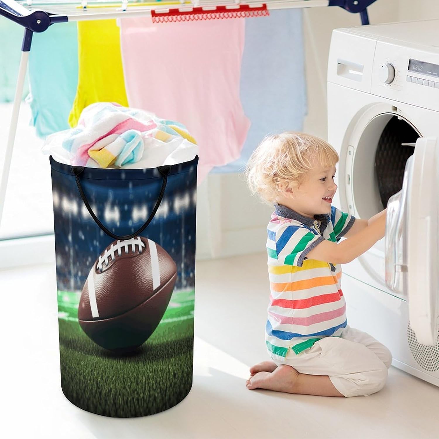 Large Laundry Basket Collapsible Dirty Clothes Basket with Carry Handles Portable Waterproof Freestanding Football And Grass Laundry Hamper for Bathroom Bedroom Laundryroom Dorms 86L