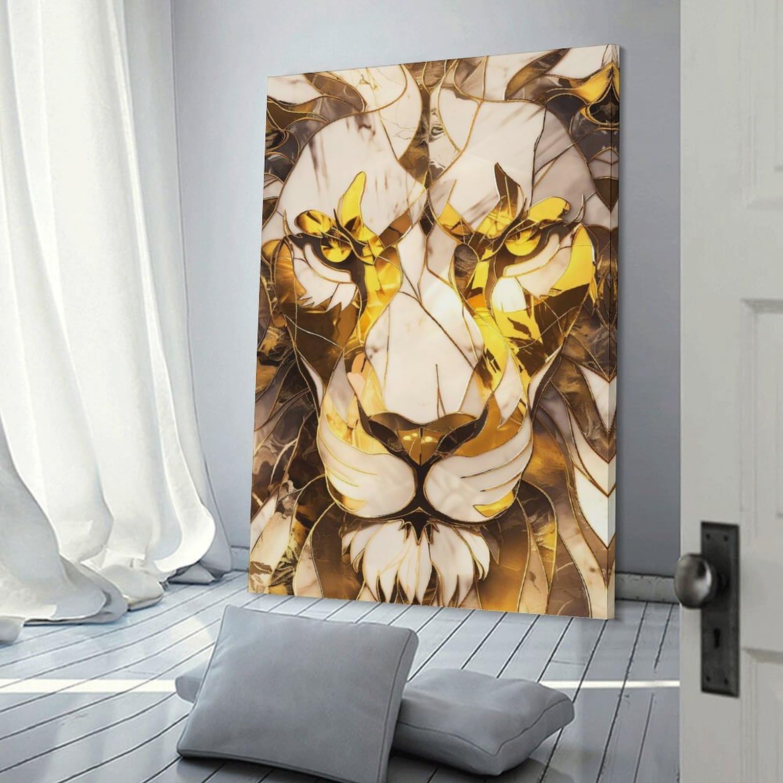 Junmoney Golden Lion Abstract Art Canvas Wall Art 12x18inch(30x45cm), for Work Areas, Reading Rooms Or Studios, A Smart Decor Choice for Study Walls