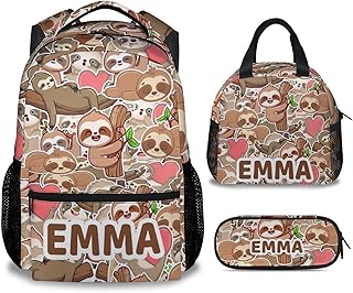 Mercuryelf Personalized Sloth Girls Boys Backpack with Lunch Box Set, 3 in 1 School Travel Backpacks Matching Combo, Cute Brown Bookbag and Pencil Case Bundle