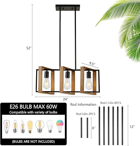 Miniatura 3 de Iluminación de isla de cocina de 23.6 pulgadas, lámpara de araña de mesa de comedor de 3 luces, luz de isla rectangular para comedor y sala de