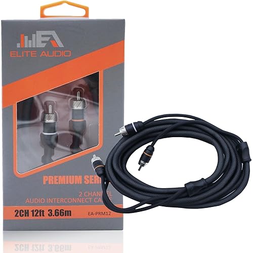 Elite Audio Premium Series 12ft. 2-Channel Car Audio RCA Cable – Double Shielded, Oxygen Free Copper, Noise Reducing Audio Cable for Amplifiers, Subwoofers, Speakers, and Processors – PRM12