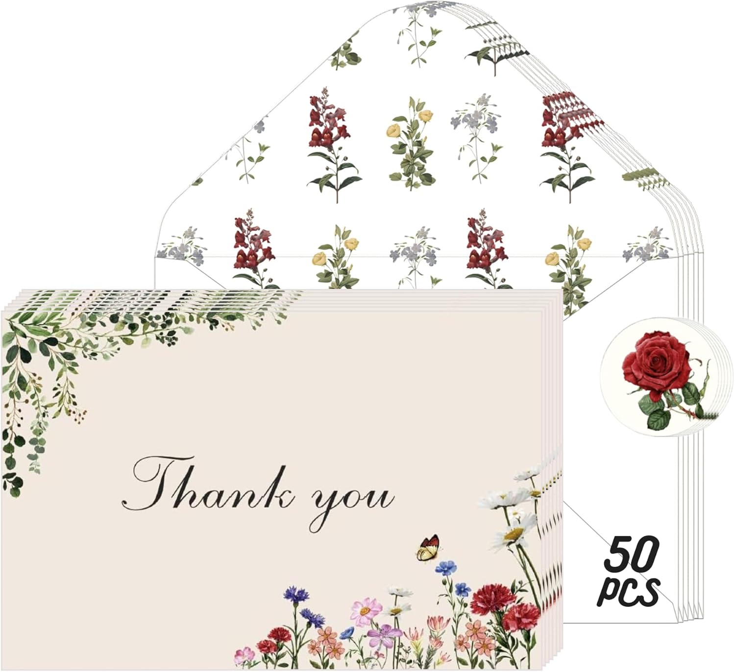Thank You Cards with Envelopes, 50 Pack 4x6 Inch Vintage Flower Blank Notes, Elegant Floral Design, Thank You Cards for Birthday, Wedding, Anniversary
