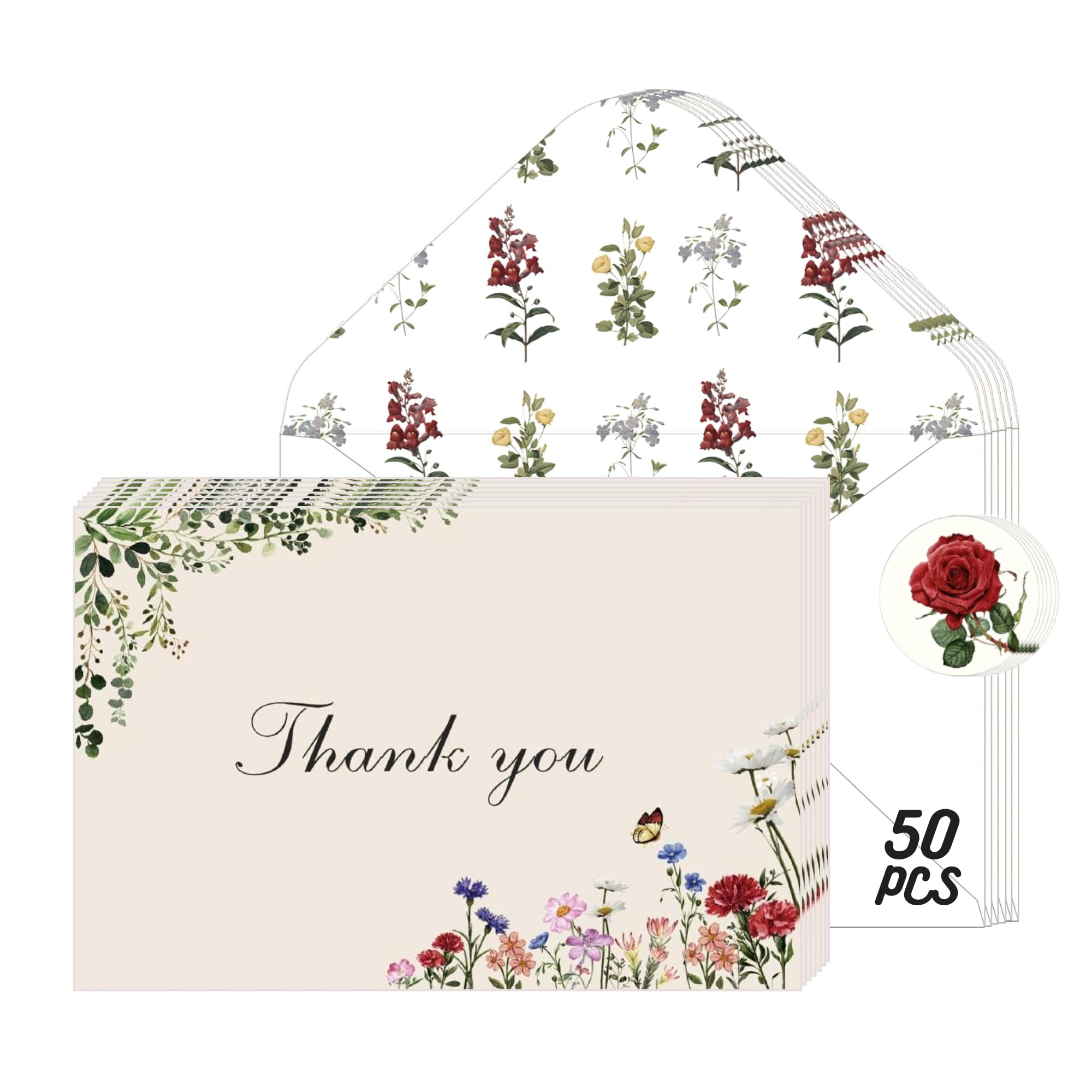 Poatel Thank You Cards with Envelopes, 50 Pack 4x6 Inch Vintage Flower Blank Notes, Elegant Floral Design, Thank You Cards for Birthday, Wedding,