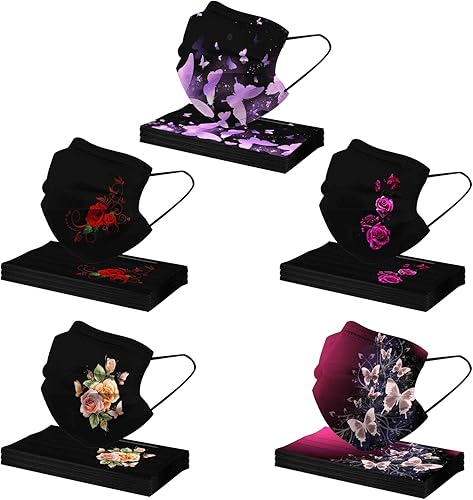 Paquete de 50 mascarillas desechables negras con diseños para mujer, 3 capas de flores, mariposas, desechables para adultos