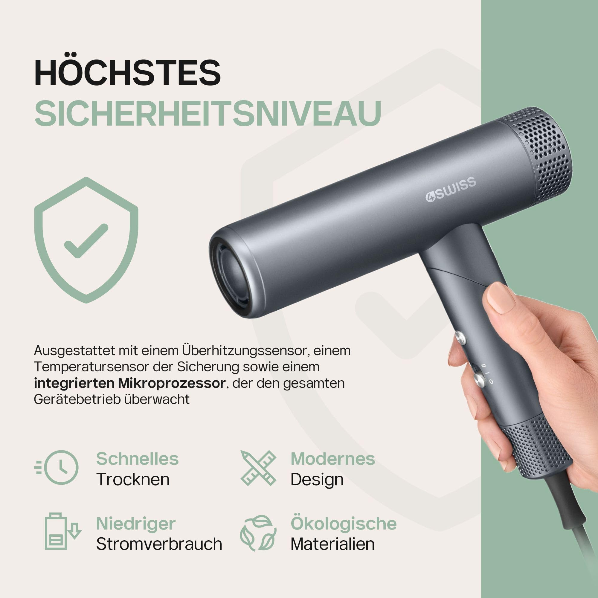 4Swiss Air Power+ Haartrockner mit Ionen-Technologie – Bürstenloser Hochgeschwindigkeitsmotor 110.000 RPM – 8 Modi & Intelligente Temperaturregelung – Schnelltrocknend, Klappbar & Leise