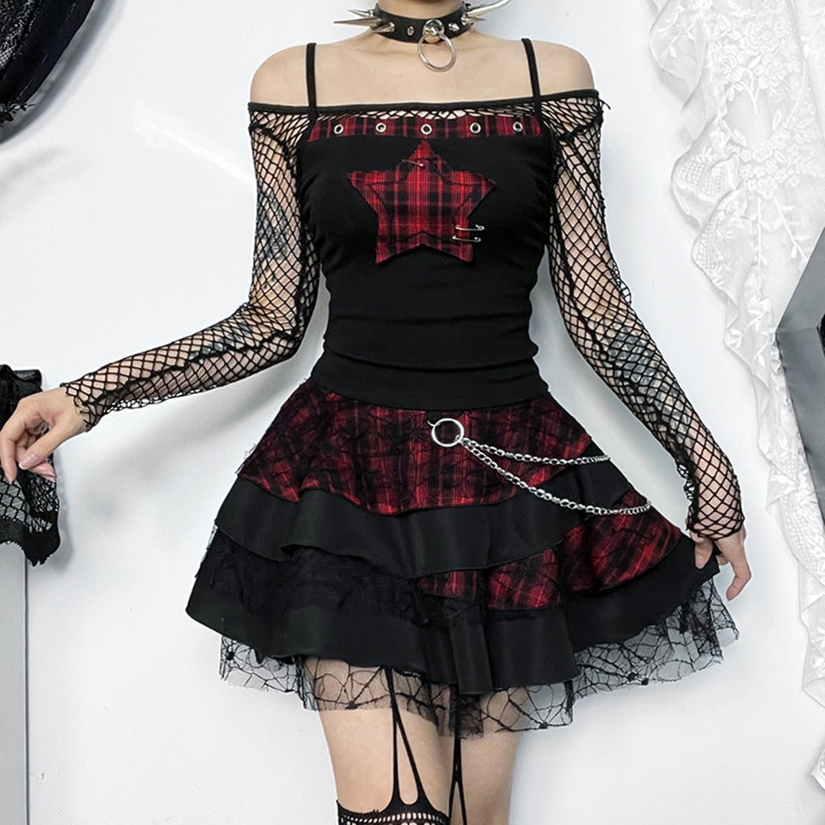 Gothic Black Tops for Women Y2K Spaghetti Strap Square Neck Crop Plaid Tank Patchwork - Image 4