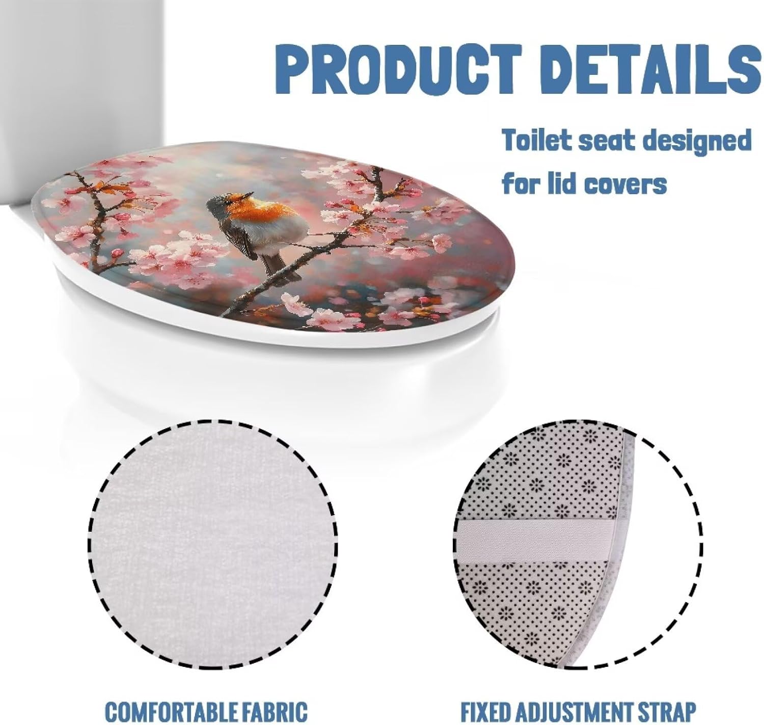 Robin Bird with Flower Toilet Seat Covers for Bathroom Decoration Flannel Fabric Soft Bathroom Covers Keep Clean Tidy Suitable for Public Bathrooms Long-Term Travel Boarding