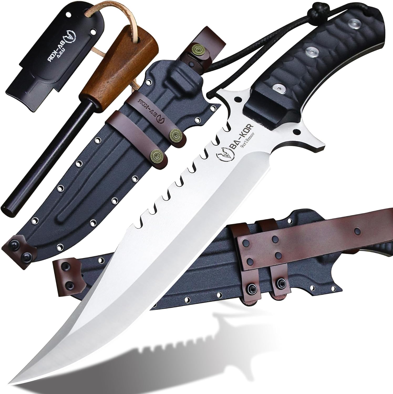 BA-KOR (15.8 inches) 5mm full Tang 9CR18MOV steel nylon fiber handle Bowie knife + sheath + (5.9 inches) cerium element striker, suitable for outdoor hunting, camping, survival, and daily carry of tools. (Sanding (full edge))