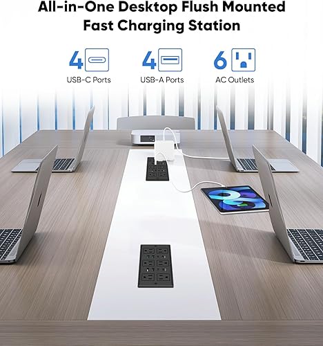 Miniatura 2 de VILONG Regleta de alimentación empotrable 14 en 1 con PD 45W USB-C, salida de cajón empotrada, 6 salidas y 8 puertos USB, enchufe plano de 45, cable