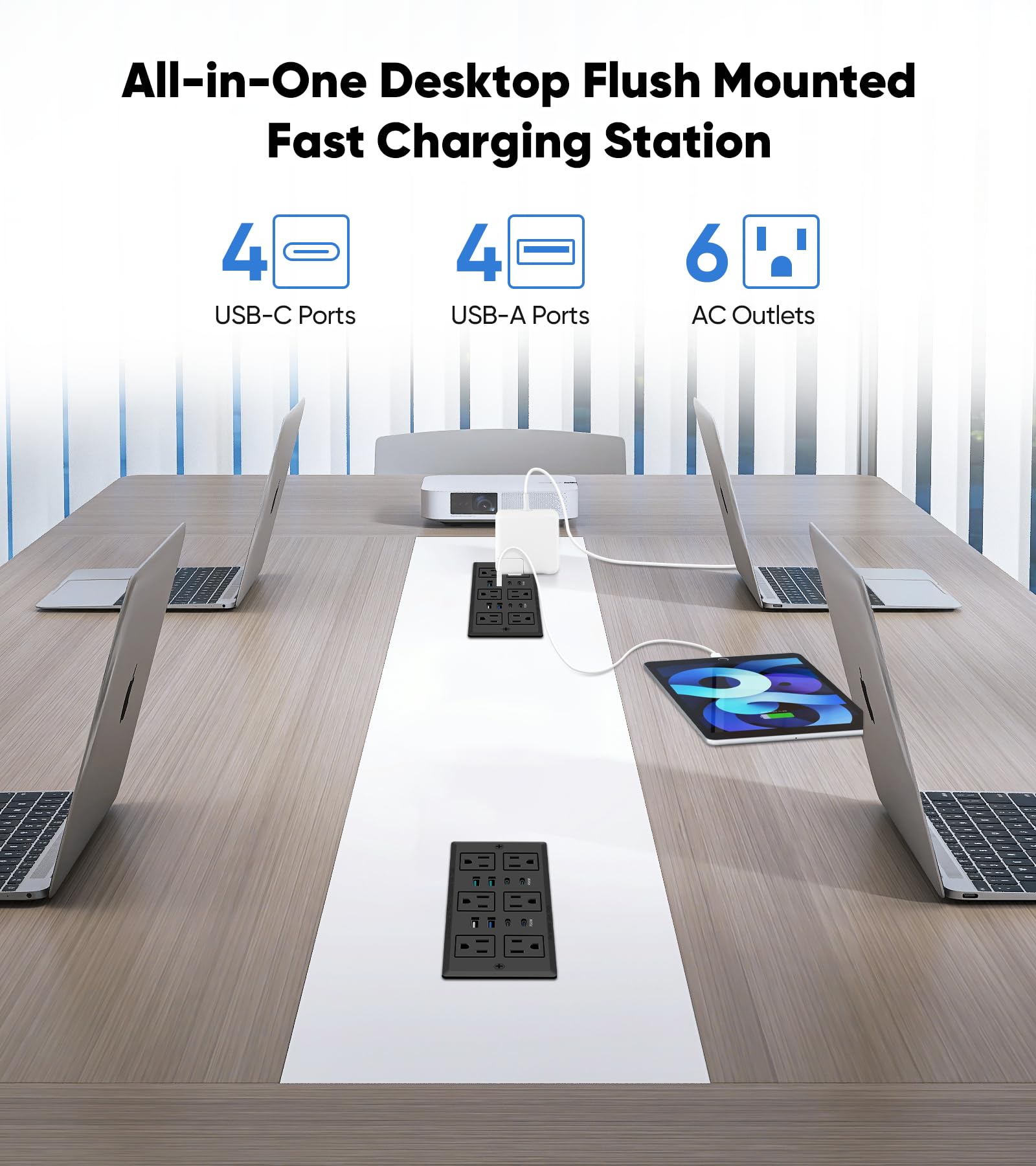 Podtynkowy Power Strip, PD 45 W, szybkie ładowanie USB-C QC3.0 3A USB-A, zasilacz wtykowy, 6 gniazd i 4 porty USB-A i 4 porty USB-C, przedłużacz połączenia