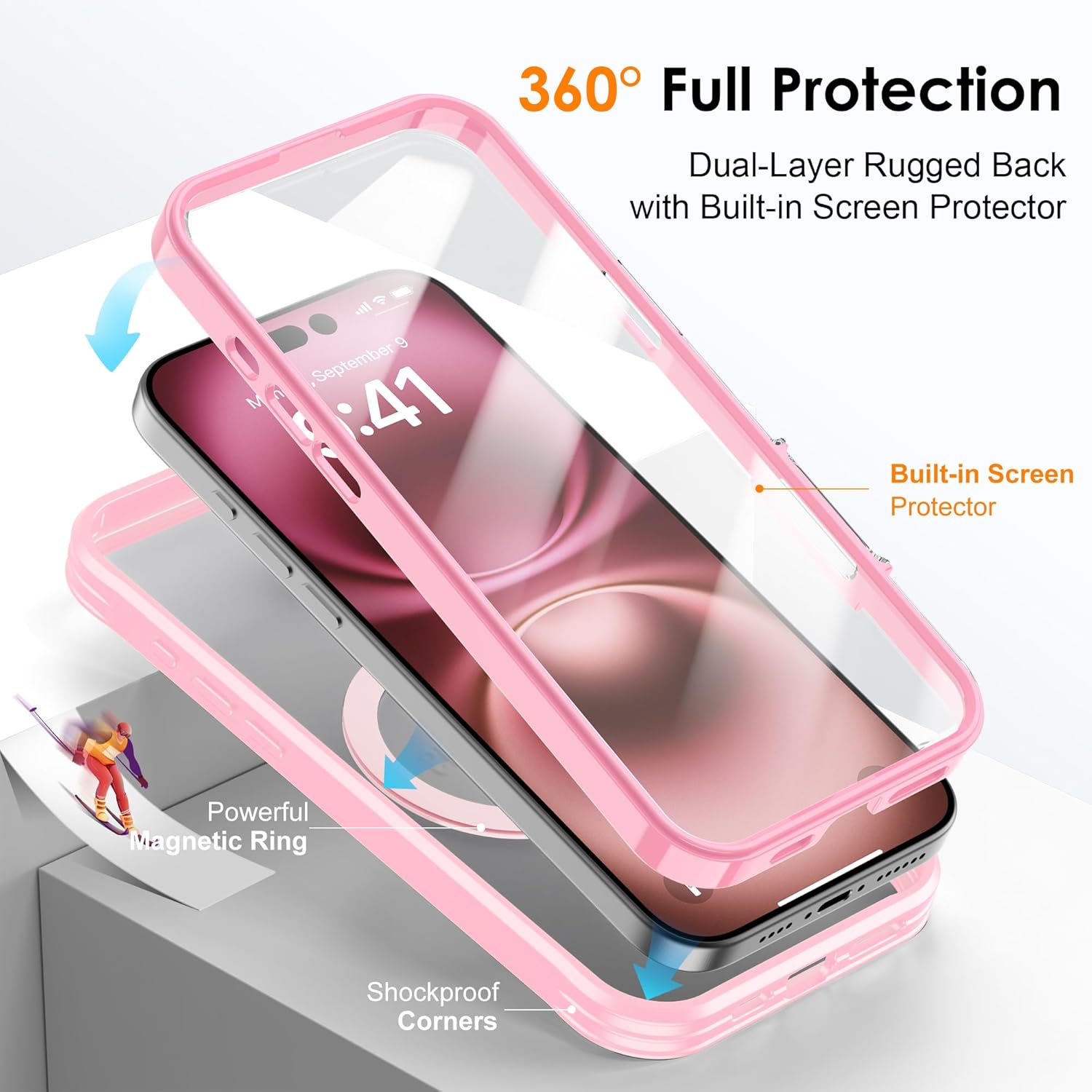 for iPhone 16 Plus Case with Invisible Magnetic Stand, Compatible with Mag-Safe Translucent Matte with Built-in Screen Protector, Shockproof Protective Phone Case for Women Men, Pink - Image 2