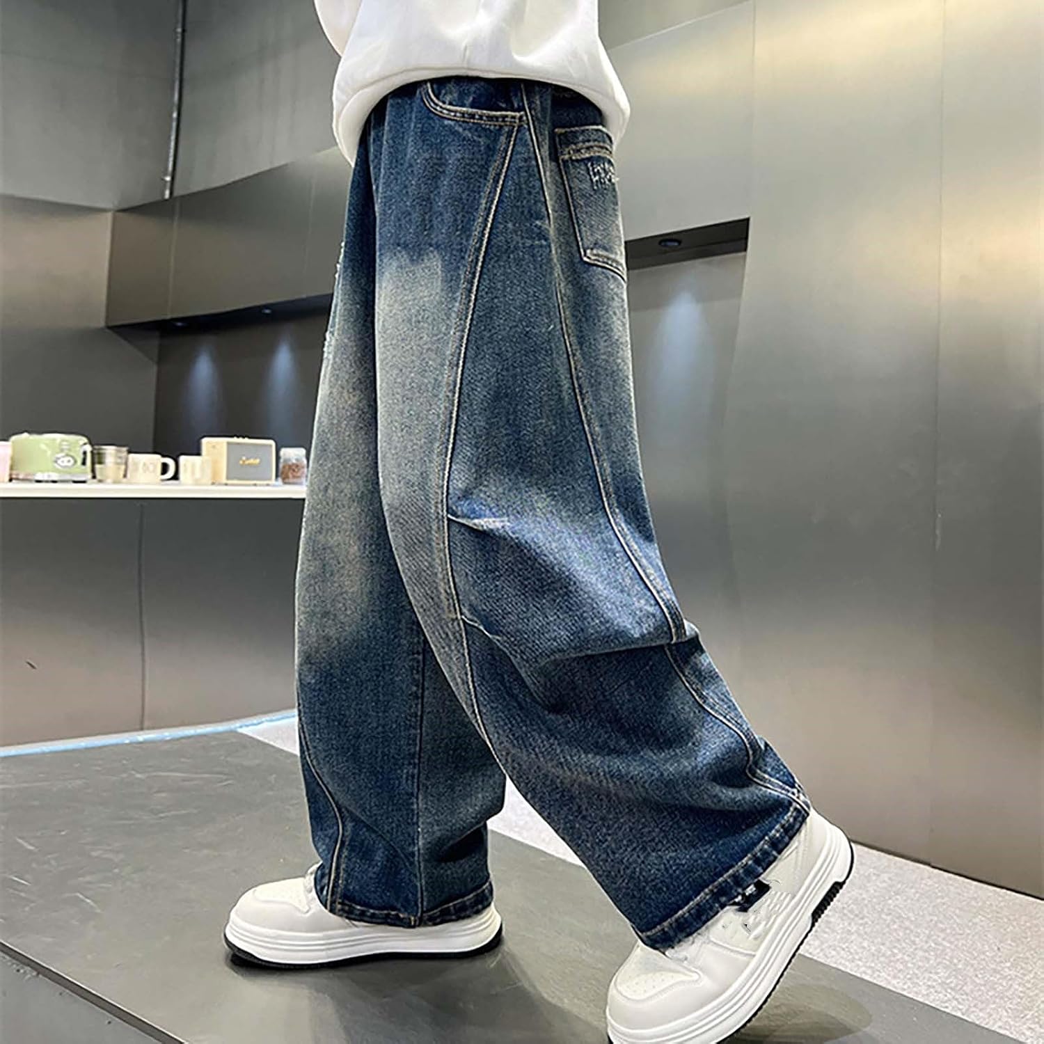 Boys Baggy Jeans Teen Boys Distressed Washed Elastic Waist Straight Wide Leg Denim Pants Kids Casual Y2K Cargo Pants