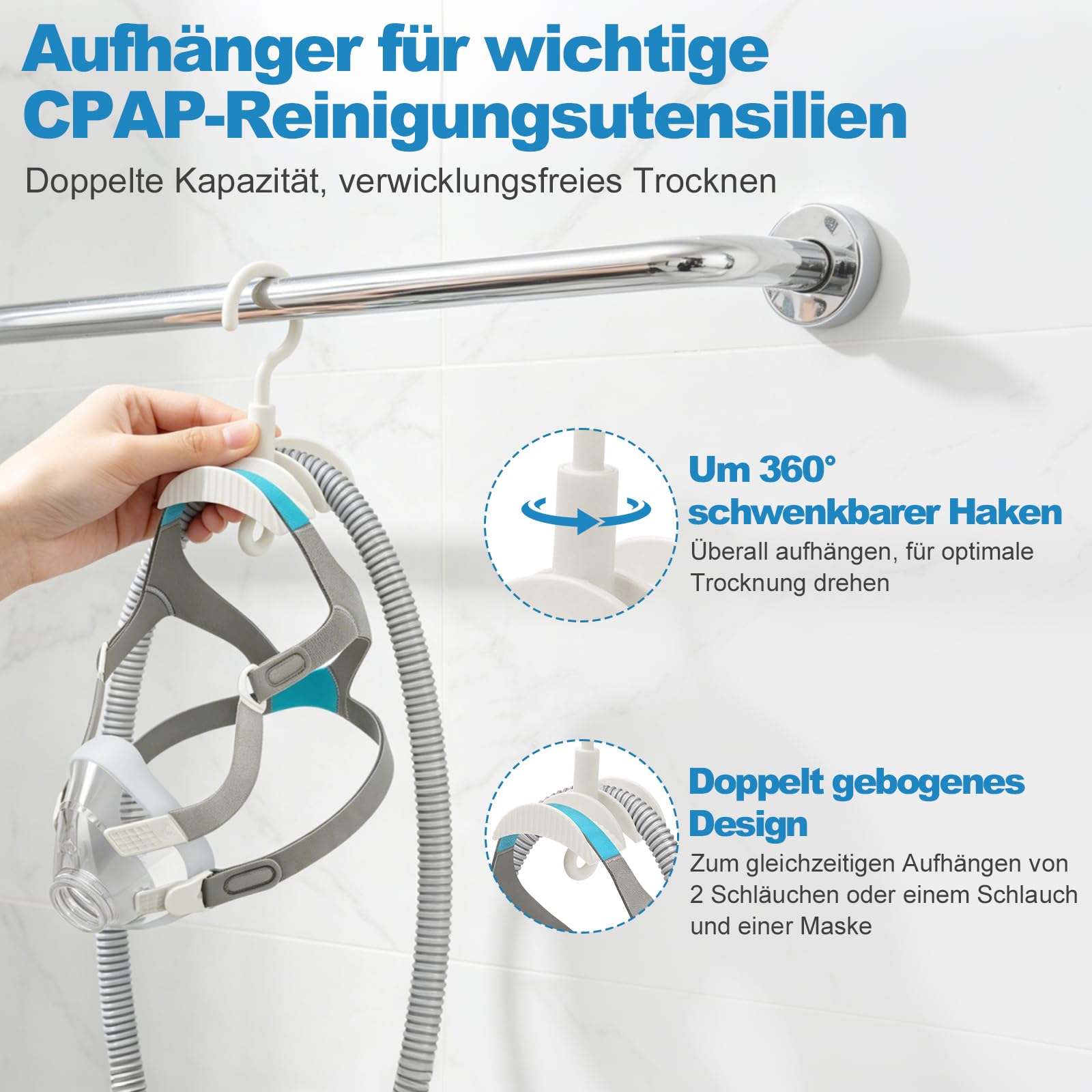 9-teiliges CPAP Reinigungsset – Schlauchtrockner mit 10 Geschwindigkeitsstufen, faltbare 8,3L Waschschüssel, 2,1m Schlauchbürste, Maskenbürste & Doppel-Halter – Kompatibel mit 15mm & 22mm Schläuchen