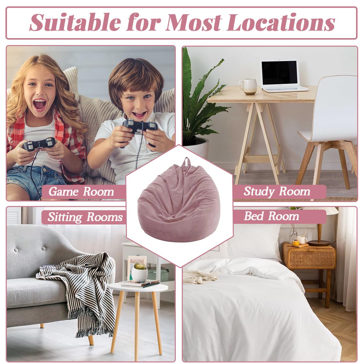 Highdi Poltrona Sacco Bambini 70 x 80 cm (Senza Ripieno), Velluto a Coste Pouf Sacco, Rosa Bean Bag Chair per Soggiorno/Camera/Gaming, perfetta per Adulti e Adolescenti