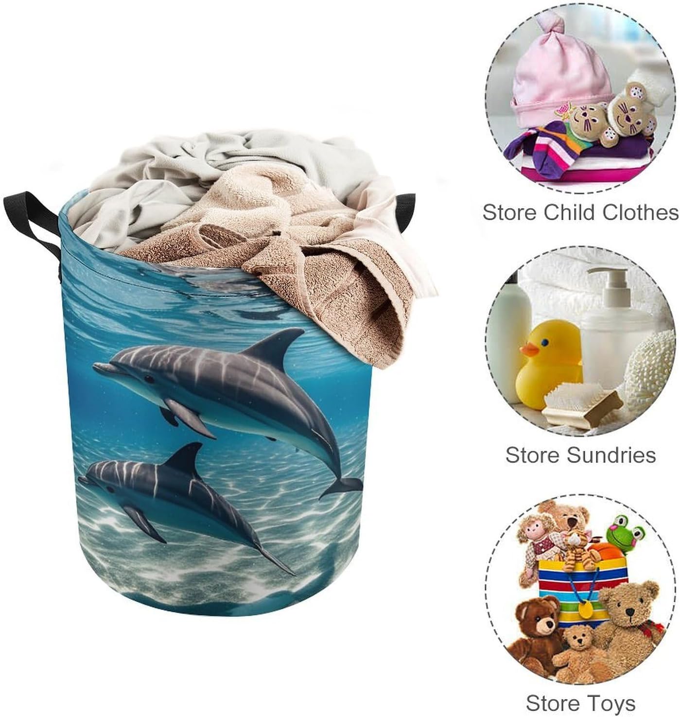 Dolphins Underwater Laundry Bag Large Collapsible Laundry Baskets Freestanding Waterproof Clothes Hamper with Handles & Drawstring for Laundry Room Bedroom Bathroom